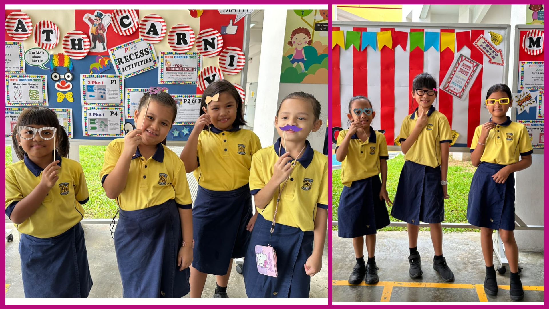 Six young students in yellow uniforms hold fun photo booth props at a colorful Math Carnival school event.